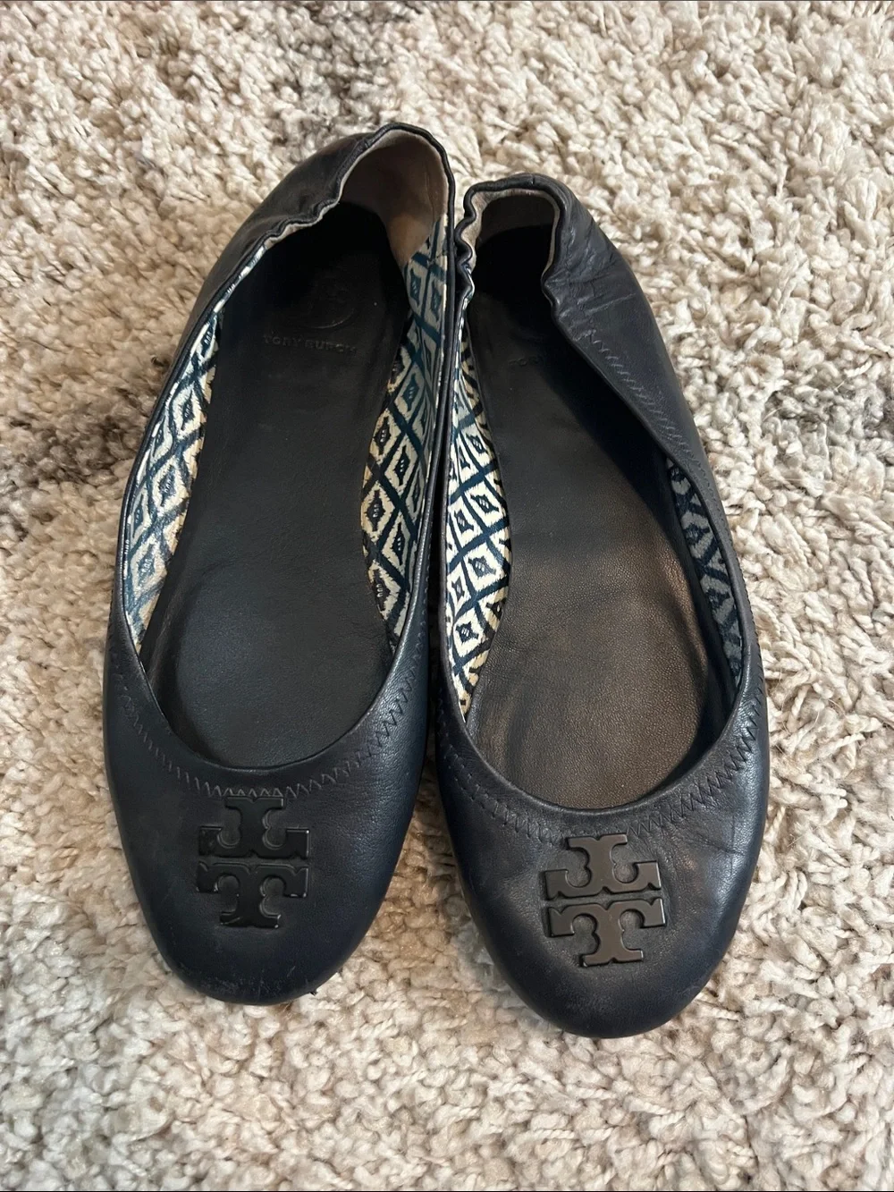 TORY BURCH Black Leather Logo Ballet Flats
